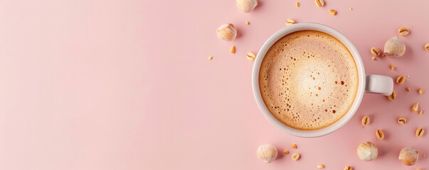 Wall Mural - Mockup. Hot hazelnut coffee on a pale pink background, providing a sweet and delicate look with space for text or graphics.