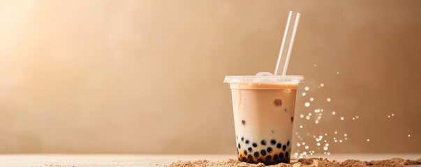 Wall Mural - Mockup. Bubble tea on a light sand background, providing a warm and neutral look with space for text or graphics.