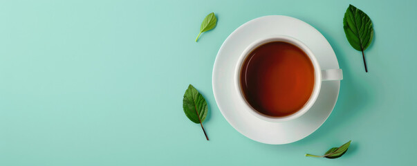 Wall Mural - Mockup. Hot tea on a light cyan background, providing a bright and refreshing look with space for text or graphics.