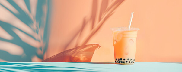Wall Mural - Mockup. Bubble tea on a light cyan background, providing a bright and refreshing look with space for text or graphics.