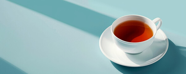 Wall Mural - Mockup. Hot tea on a light cyan background, providing a bright and refreshing look with space for text or graphics.