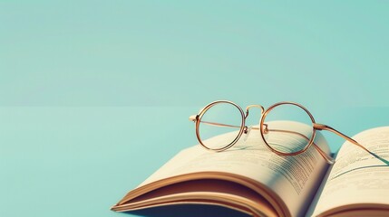 Fototapete - A pair of round glasses rests on an open book against a blue backdrop. Generative AI