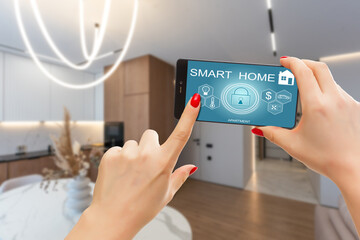 Poster - Mobile phone with app smarthome intelligent house automation remote control technology concept