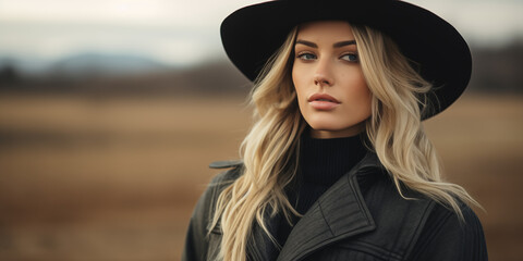 Wall Mural - A beautiful blonde woman wearing a black turtleneck and grey houndstooth jacket posing in front of the camera, a hat on her head, an autumn landscape with horses grazing behind her.