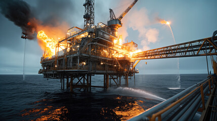 Sticker - Offshore oil platform engulfed in flames, with water being sprayed to extinguish the fire, situated in the ocean.