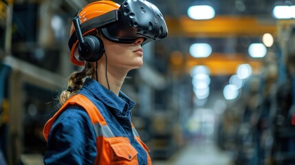 Wall Mural - A factory worker wearing virtual reality goggles for training, emphasizing the use of VR in industrial training