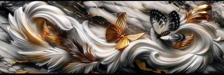 Black and golden butterfly with detailed wings rests on swirl of white and gold marble background, panel wall art