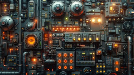 Poster - Futuristic Industrial Control Panel With Glowing Lights and Complex Wiring