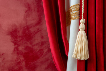 A stage with red velvet curtains decorated with tassels and ribbons