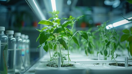 Poster - A close-up view of basil plants growing in a hydroponic system under artificial light. The plants are thriving, with lush green leaves and healthy stems.