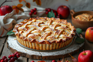 Freshly baked apple pie on a rustic table 