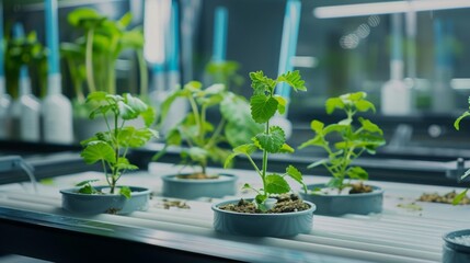 Aufkleber - Close-up of young plants growing in a hydroponic system, illuminated by artificial lights.