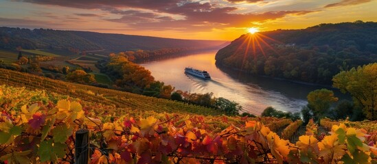 Wall Mural - Autumnal Sunset Over Vineyards and River