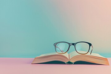 Wall Mural - A book with eyeglasses resting on the open pages against a background of pink and blue. Generative AI