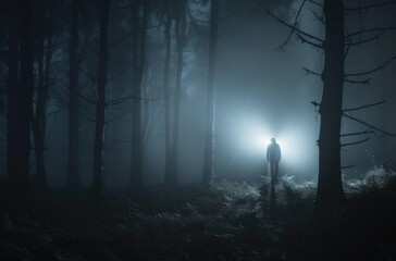 Sticker - A silhouette in a foggy forest illuminated by bright light, evoking a sense of mystery and suspense.