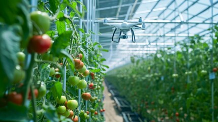 Poster - A drone flies through a greenhouse, capturing footage of rows of tomato plants.