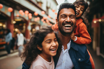 Poster - happy father hugging to his two daughters and laughing