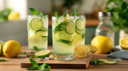 Glasses of infused water with cucumber, lemon, and mint on a wooden surface, surrounded by fresh ingredients in a bright kitchen setting.