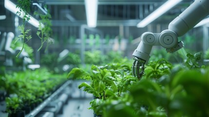 Aufkleber - A robotic arm carefully tends to rows of leafy green plants in an indoor farm setting. The arm's white exterior and metallic joints contrast with the vibrant green foliage.