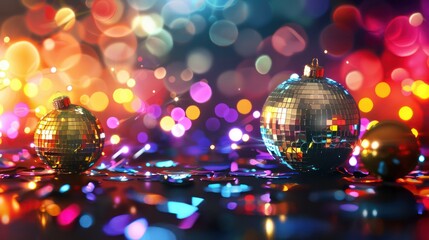 close up mirror ball or Christmas ball to decorative for Christmas festival with bokeh colorful background