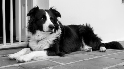 A black and white Border Collie lies on a brick patio, looking slightly off to the side. The dog is relaxed, with its head slightly raised and ears perked.