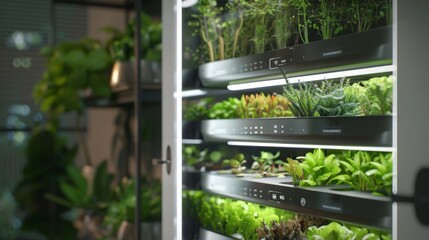 Poster - A close-up of an indoor hydroponic garden with grow lights. Multiple shelves hold various herbs and leafy greens. The lights are on and the plants are growing.