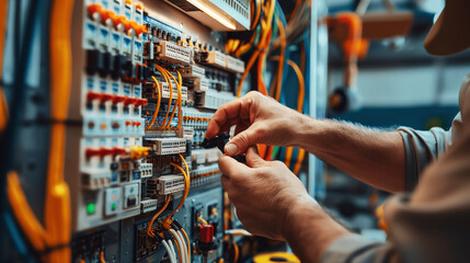 Wall Mural - Close-up of a technician's hands working on an electrical control panel with various wires and components in an industrial setting.