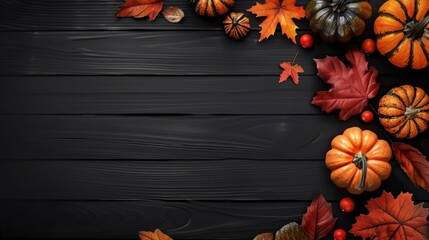 Canvas Print - A dark wooden background with pumpkins, leaves, and berries arranged in a fall-themed composition.