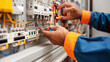 © OMD - Electrician working on an electrical control panel, managing wires and circuit breakers in a blue and orange uniform.