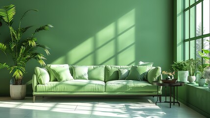 Poster - Modern green living room design with sofa and furniture with flowers.