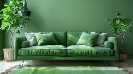 Poster - Modern green living room design with sofa and furniture with flowers.