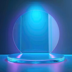 Poster - Modern neon circle light and podium in a minimalistic room for product placement display.