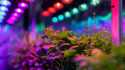 Poster - A close-up shot of lush green plants growing under LED grow lights, illuminated with a vibrant mix of pink, blue, and green hues.