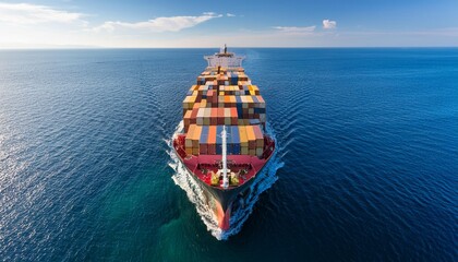 Wall Mural - Aerial view of a container cargo ship sailing through open waters, with colorful containers neatly stacked on deck