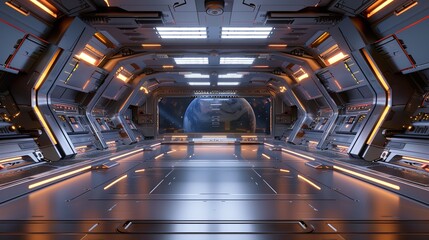 An empty stage in a futuristic spaceship, with a sleek metallic floor, control panels with glowing buttons, and a large window showing the vastness of space
