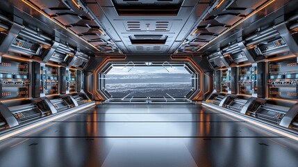 An empty stage in a futuristic spaceship, with a sleek metallic floor, control panels with glowing buttons, and a large window showing the vastness of space