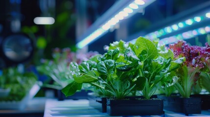 Poster - Fresh lettuce plants grow in a hydroponic system, illuminated by artificial LED grow lights.