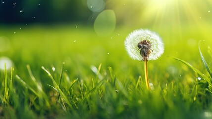 Wall Mural - lonely yellow dandelion on green morning grass with drop of dew panoramic view.