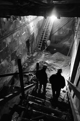 Two men are walking down a dark, narrow staircase