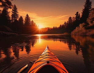 Wall Mural - Silhouette of a kayak on a river with the setting sun