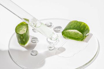 Petri dish with Aloe Vera cosmetic gel and pieces of Aloe Vera plant, glass dropper pipette on white background. Cosmetic laboratory concept. Natural skin care products