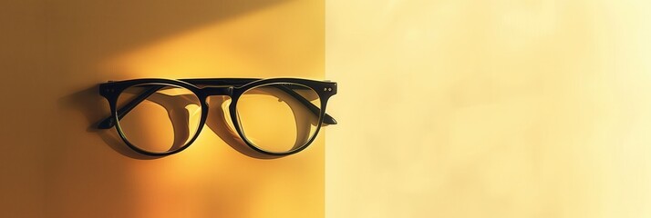 Sticker - Black round eyeglasses with clear lenses lie on a pale yellow surface. Sunlight shines through the lenses. Generative AI