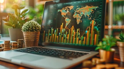 Poster - A laptop rests on a wooden table, displaying a world map and bar graphs. Stacks of gold coins sit on the table, symbolizing economic concepts.