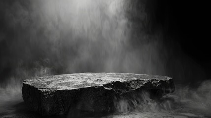 Canvas Print - Abstract black background podium scene with dark rock and mist for product presentation