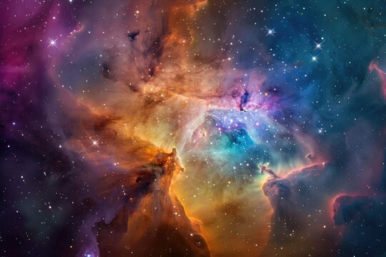 Nebulous clouds of colorful gases forming new stars, A stunning view of the Orion Nebula, a celestial masterpiece filled with swirling clouds of gas and bright stars, Ai generated