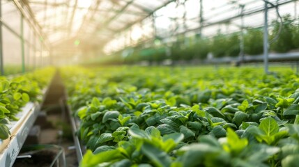 Poster - Rows of green plants grow in a greenhouse, with the sun shining brightly through the glass roof.