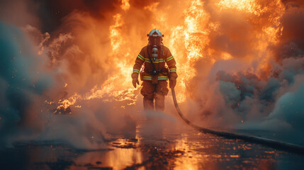 Wall Mural - Fire. Brave fireman man on the name of fire and smoke