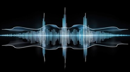Poster - A digital visualization of sound waves, depicted as a series of abstract peaks and valleys, with glowing lines and a reflective surface