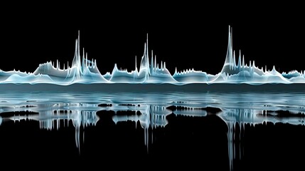 Poster - A digital visualization of sound waves, depicted as a series of abstract peaks and valleys, with glowing lines and a reflective surface