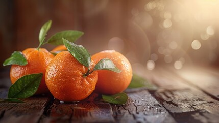 Poster - Blurred image of ripe mandarins on wooden background in dim light